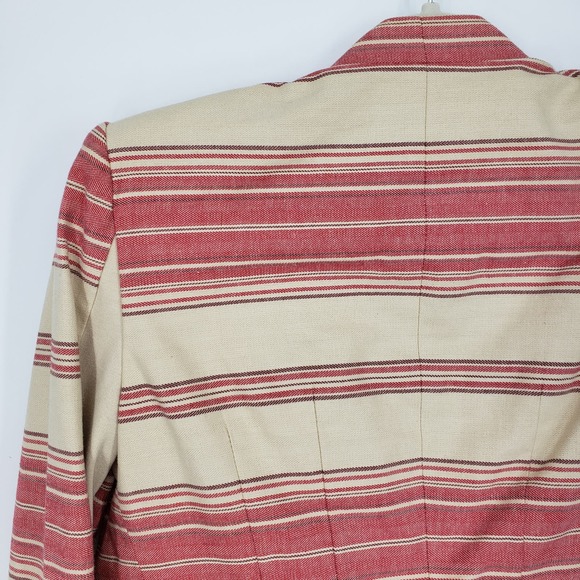 BCBGMaxazria Striped Abbey Blazer XS Asymmetrical Open Front 100% Cotton Tan Red - Picture 11 of 11